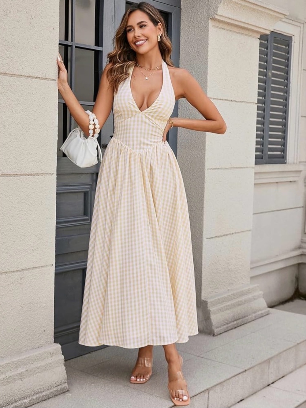 Gingham Halter V Neck Corset Smocked Flowy Yellow Midi Dress